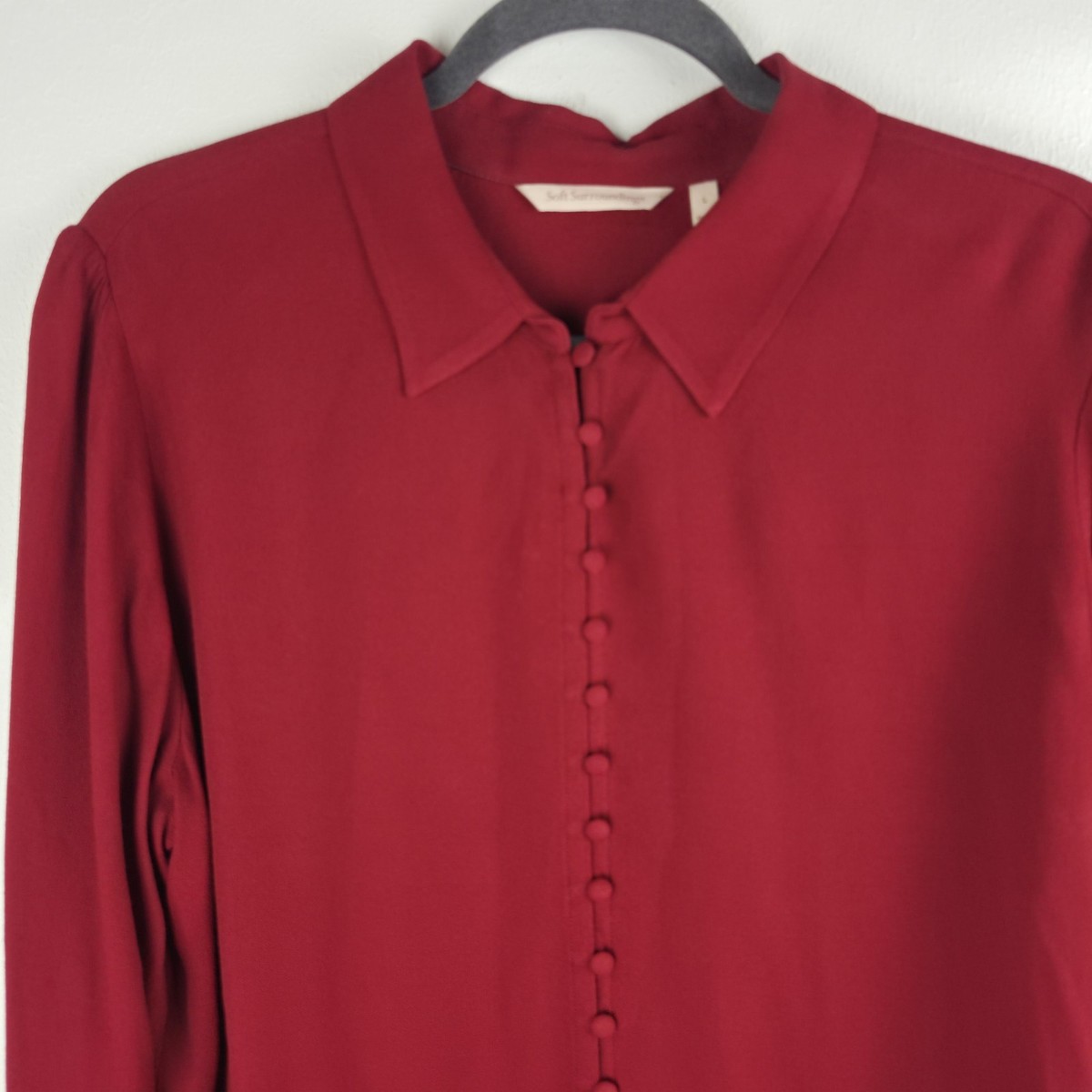 Soft Surroundings Sonnet Poet L Blouse Burgundy Button Front Pleated Cuff View 4