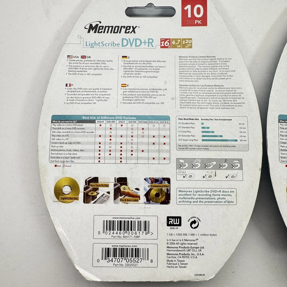 2 paquetes de 10 discos grabables Memorex LightScribe DVD+R 16x 4,7 GB 120 min nuevos Foto 4 de 4
