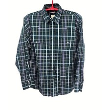 Wrangler Mens XL Green/Blue Plaid Pearl Snap Western Shirt Vintage