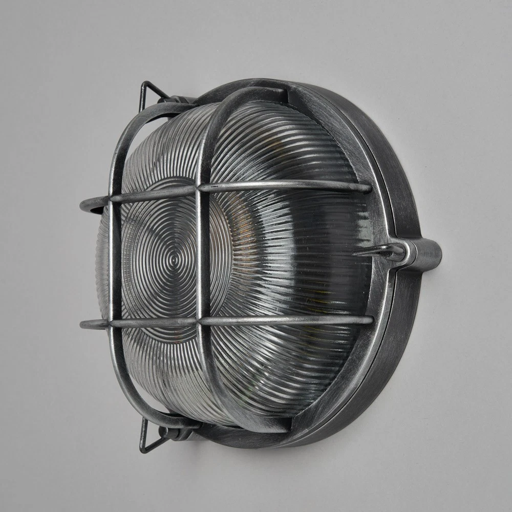Luz de pared para exteriores Litecraft Remy redonda enjaulada plateada mampara clasificación IP44