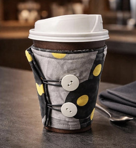 Insulated Fabric Coffee Cup Sleeve Bottle Cooler Gray Black Yellow Polka Dot