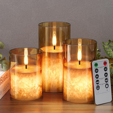 Battery Operated Flameless Candles with Remote  Timer, Gold Glass 3Pack