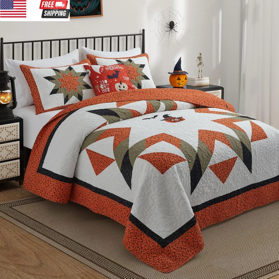 Halloween Quilt King Size Bedding Set 100% Cotton Embroidery Bats Pumpkin Festiv - Image 2 of 4