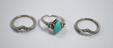 3-Piece Silver Tone Ring Set Size 7.5 Faux Turquoise & Clear Rhinestones