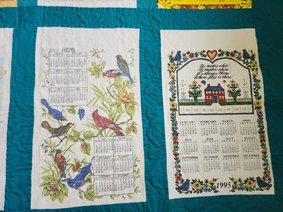 Vintage Linen Calendar Towel Quilt Farmhouse 1960s-1990s Full Queen 92x85" - Image 3 of 4