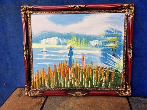 Framed OIL PAINTING Martha's Vineyard Cape Cod Sunset Lake Woman Girl Boat ❤️J8 - 第 1/9 張圖片