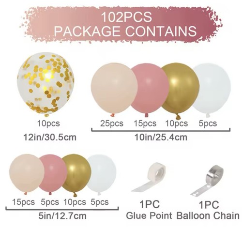 New 102 Pcs Pink White Beige Gold Multicolor Party Decoration Balloon Set - Picture 2 of 3