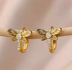 Authentic 14k Yellow Gold Plated Silver Real Moissanite 2Ct Round Dragonfly Hoop Earrings