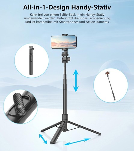 Selfie Stick Stativ 155cm Aluminium Tragbar Handy & Action Kamera Halter - Bild 6 von 10