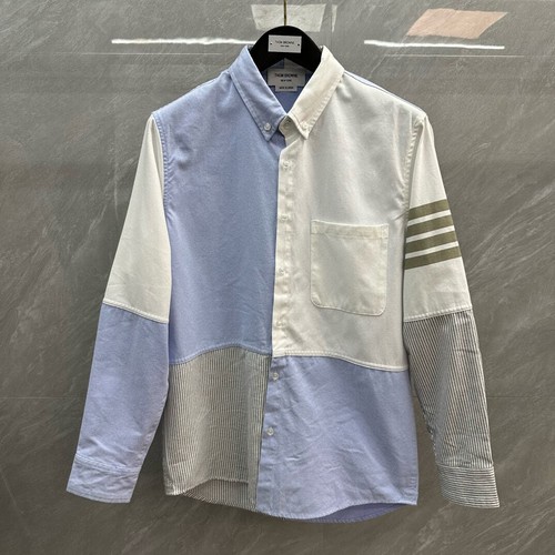 Thom Browne Men's New Contrasting Color Four-bar Long-sleeved Lapel Shirt - Picture 21 of 21