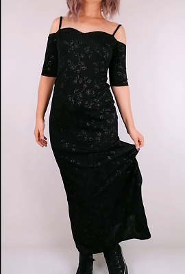 Vintage 90 s Evening Maxi Dress Off-the-shoulder Black Glitter Flowers -  XS-S | eBay