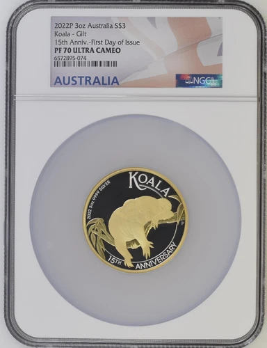 2022-P 3 oz. Australia $3 Silver Koala - Gilt 15th Anniversary PF-70 UC FDOI NGC