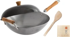 JOYCE CHEN Classic Series 14-Inch Uncoated Carbon Steel Wok Set with Lid and Bir