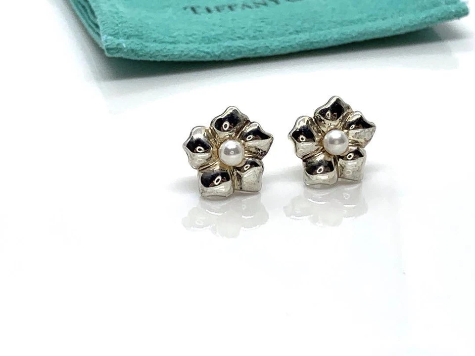 Серьги-цветки с жемчугом TIFFANY & Co. серебро 925 с чехлом - Изображение 2 из 4