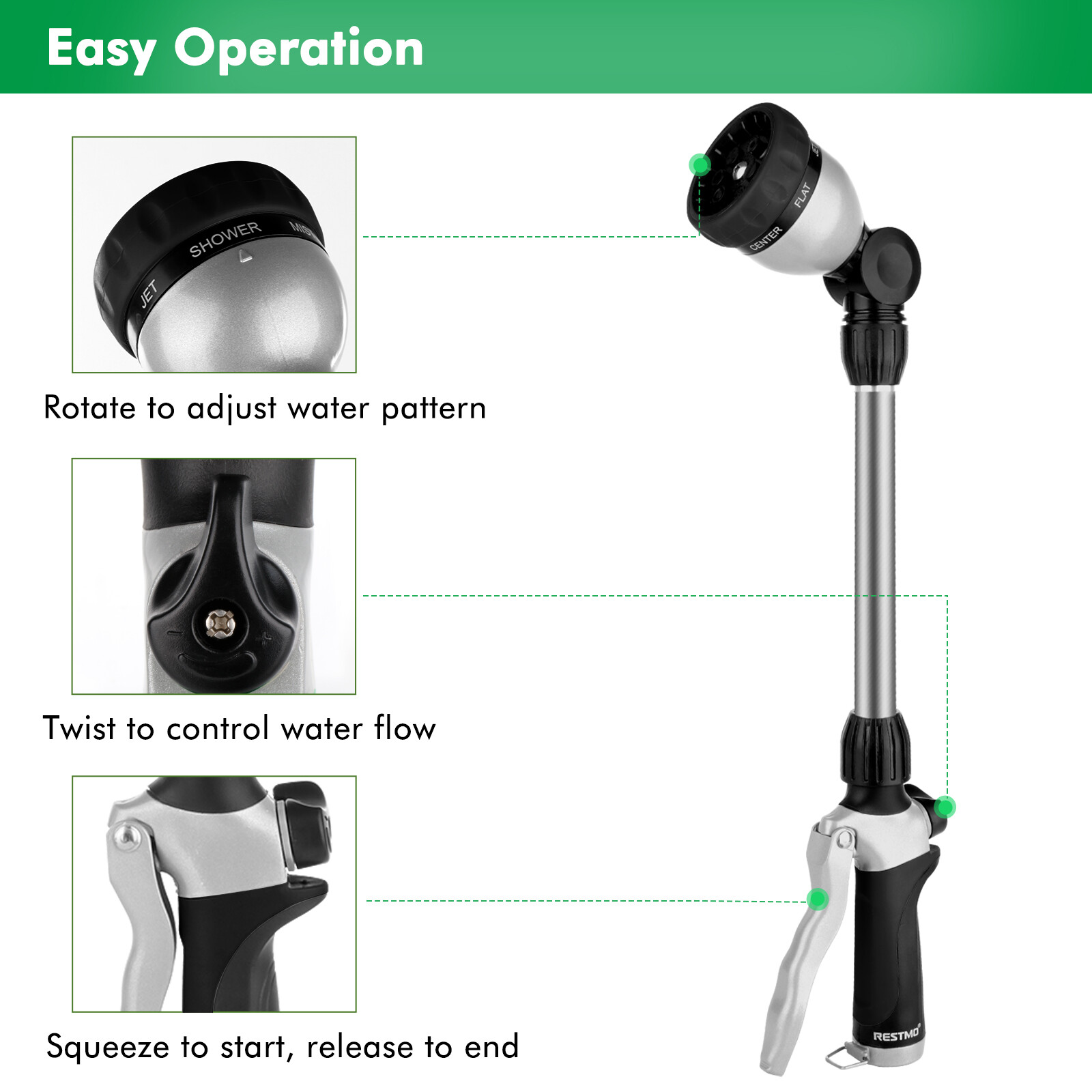 RESTMO Metal Watering Wand,16-Inch Hose Nozzle Sprayer with 7 Spray Patterns-USA
