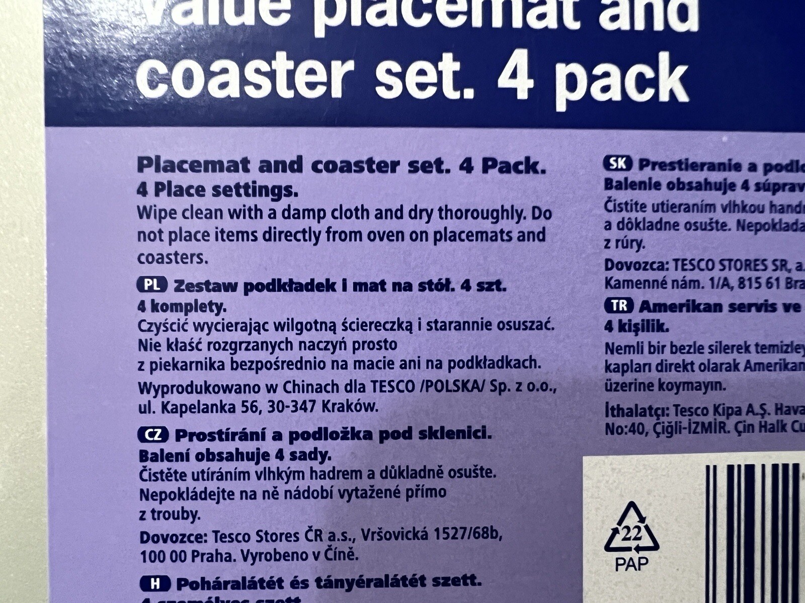 TESCO VALUE 4 Placemats 4 Coasters Plastic Dinner Table Mats Place Mats