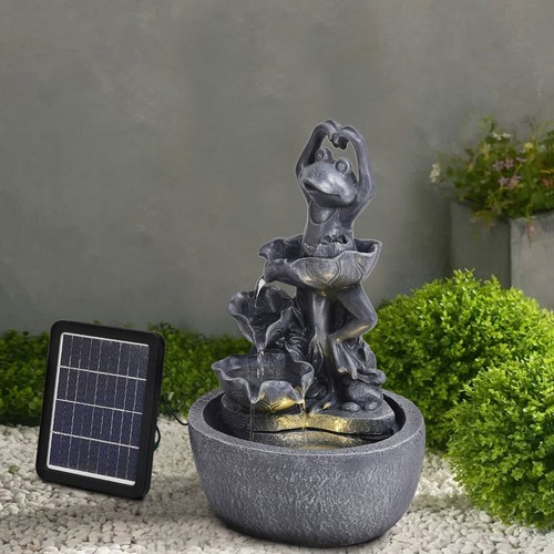Solar Power Garden Fountain LED Light Water Feature Frog Statue Cascading Decor - Picture 2 of 8