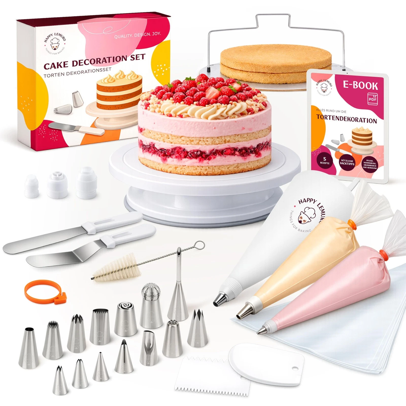 Happy Lemuro Cake Decorating Kit with Premium Piping Nozzles & Set 3, White