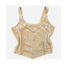 Euro Vintage Beige Cotton Floral Embroidered Whimsy Camisole Tank Top One Size L
