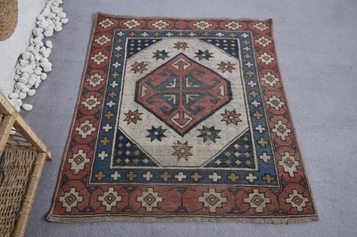 3,8x4,3 ft Rug, Vintage Rug, Turkish Red Wool Polka dot Rug