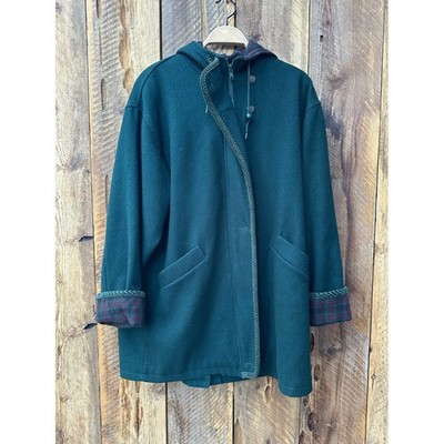 Vintage Herman Kay Wool Hooded Coat Plaid Trim Green Cottagecore Oversized USA