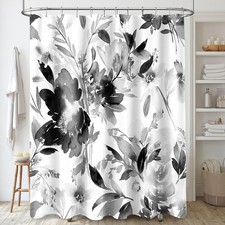 72x72 Black and White Shower Curtain Watercolor Black Floral Abstract Flower