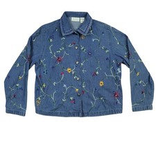 Vintage Studio Works Petite Blue Denim Floral Embroidered Button Front Jacket M