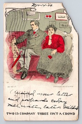 Antique 1906 Vintage Comic Postcard Two Is Company Three Isn't a Crowd