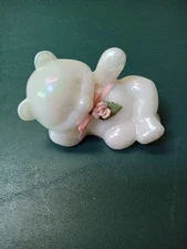 Vintage Fenton White Opalescent Art Glass Lounging Bear w/Pink Rose & Bow 4” L