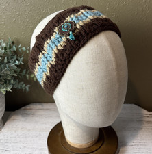 Knitted Handmade Crochet Headband W/button Boho Brown, Blue, Tan