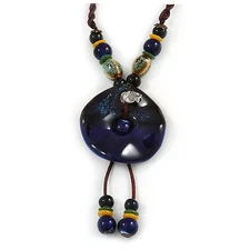 Handmade Blue Ceramic Bead Tassel Brown Silk Cord Necklace - 80cm Long/ 9cm