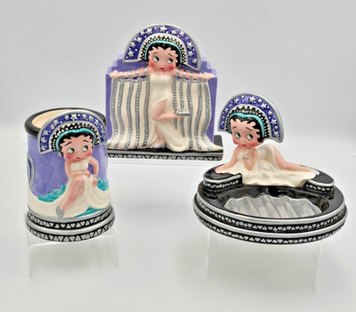 1998 Vandor Betty Boop Bathroom Vanity Set Ceramic 3 Piece w Box Art Deco