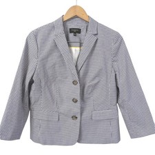 Talbots Petites Navy Blue White Gingham 3-Button Blazer Jacket 14P Cotton Blend