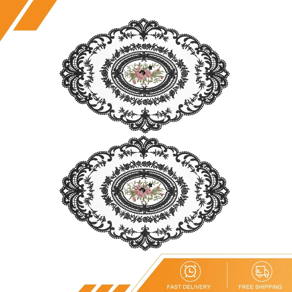 2er Set 12" x 16" Retro Spitze Tischset Oval Französisch Häkeldeckchen Schwarz