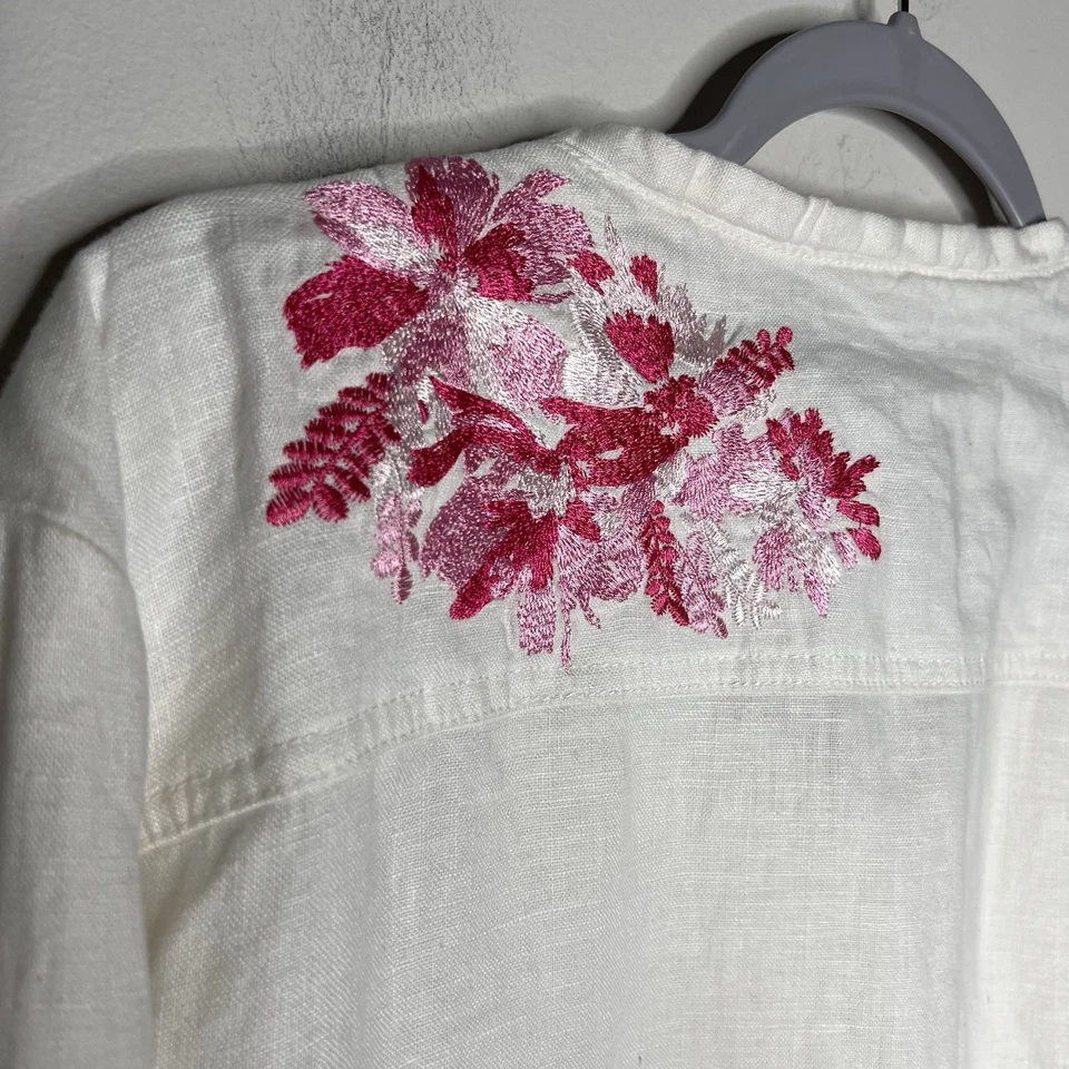 INC Jacket Womens XL White Pink Floral Embroidery Linen Zip Up Casual Bohemian - Image 4 of 4