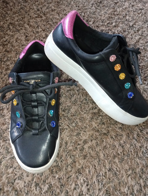 Kurt Geiger Women's Black Leather Sneakers Rhinestones Pink Heel Low Top