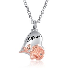 Rose Flower Heart Cremation Jewelry Urn Necklace for Ashes Stainless Steel Rose