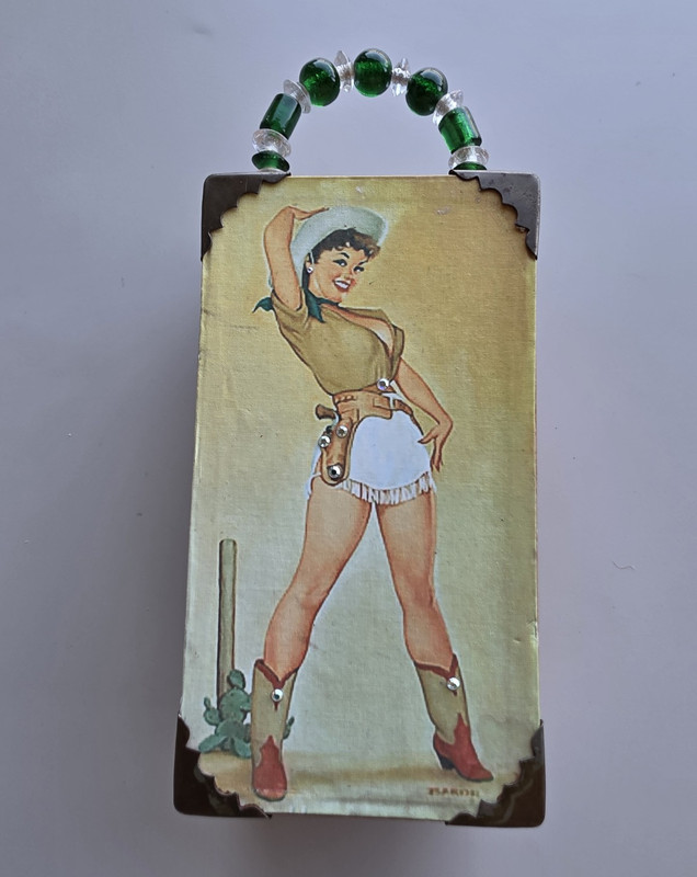 Cowgirl Wooden Cigar Box Purse w/ Green Beaded Handle & Latch.