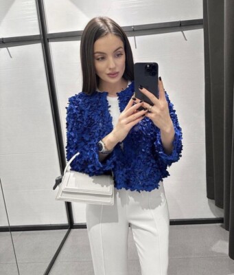ZARA BLUE TEXTURED WEAVE KNIT CARDIGAN FLOWER PETAL JACKET ZARA BLUE TEXTURED WEAVE KNIT CARDIGAN FLOWER PETAL JACKET