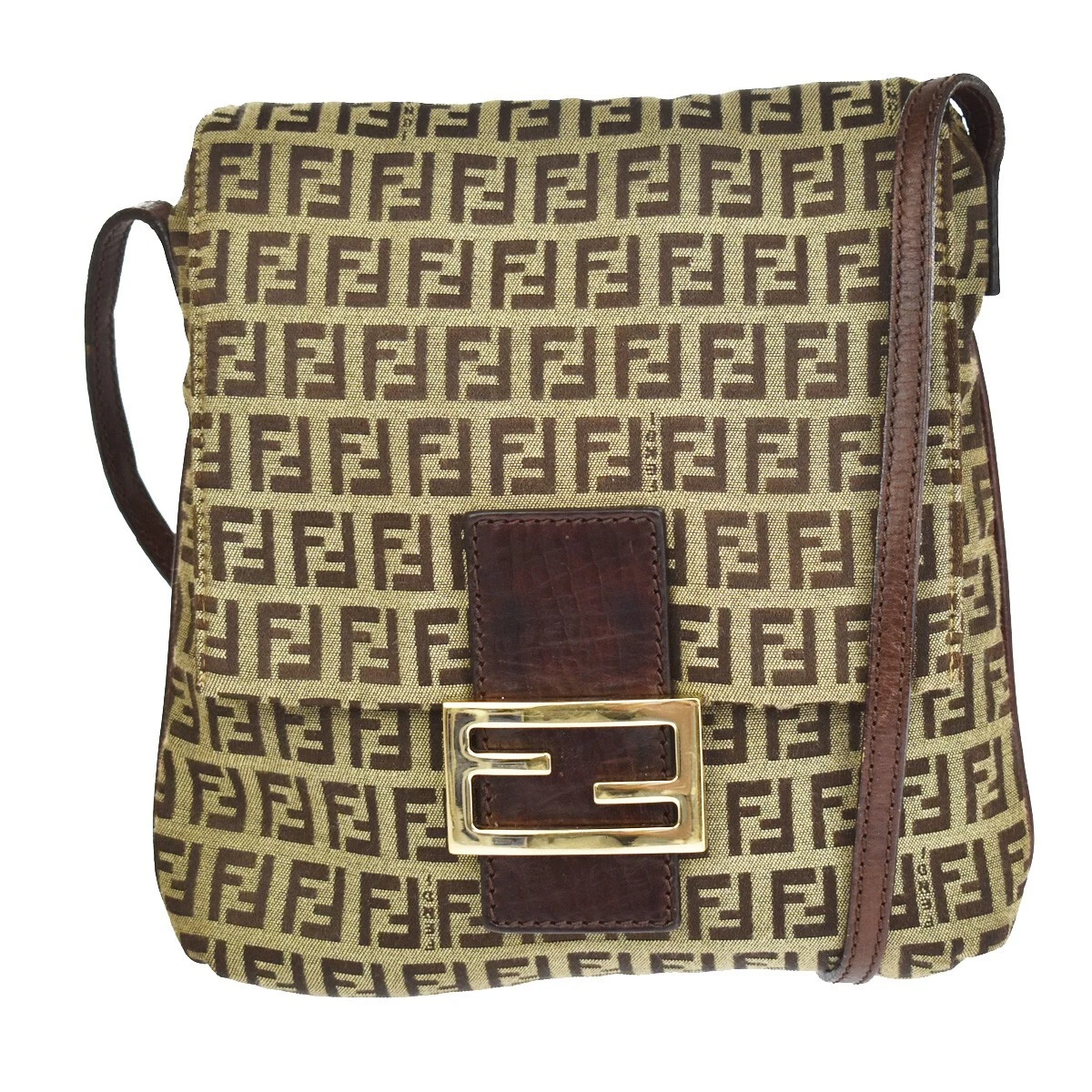 FENDI Logo Zucca Pattern Shoulder Bag Canvas Leather Brown Gold