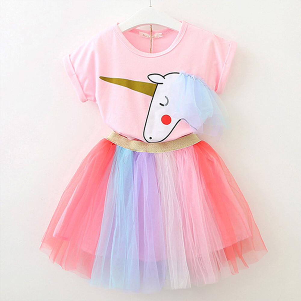 1 Set Unicorn Rainbow Skirt Childrens Clothing Girls Suits Kids 