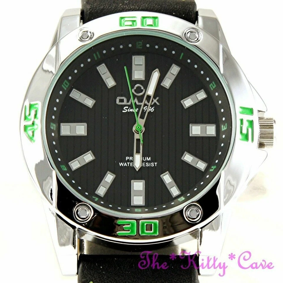 OMAX Impermeabile Argento/Verde, Svizzero Seiko Movt, Nero Pelle Orologio OAS183 - Immagine 4 di 4