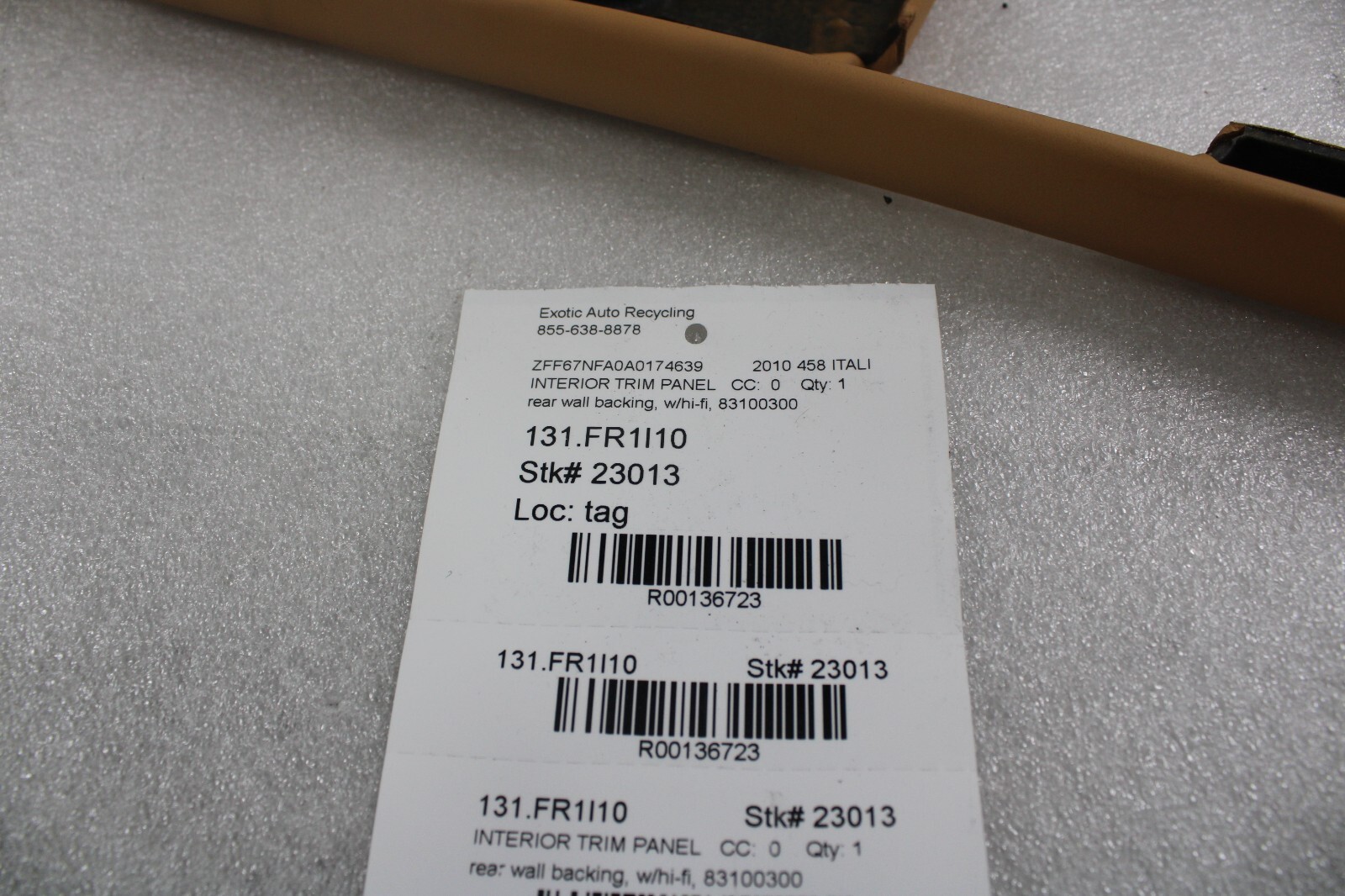 Ferrari 458 Italia, Rear Wall Backing Trim Panel, Tan, w/Hi-Fi, Used, 83100300