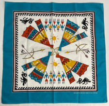 Southwestern Teepee Arrow Bandana Handkerchief Blue Vintage 21" x 21.5" USA New
