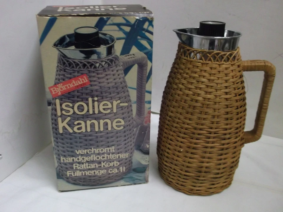 Isolierkanne 1L. verchromt Björndahl Design in OVP und 6 Teegläser Rattan - Bild 3 von 3