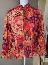 Coldwater Creek Jacket Womens Medium Orange Pink Floral Paisley Pockets Full Zip
