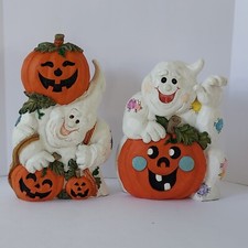 Set Of 2 Whimsical Ghost Jack O Lantern Pumpkins Halloween Decor 8"T 7"T