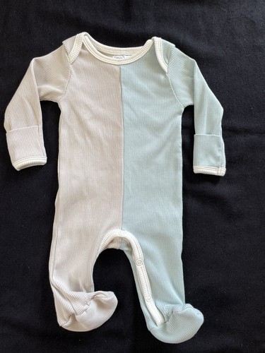 Tun Tun (Peru) EUC Blue-Green/Taupe Colorblock Pima Ribbed Knit Footie-Newborn - 第 1/7 張圖片