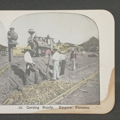 Vintage Stereoview Getting Ready Empire Panama Railroad Train Engine