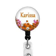 RN Nurse Personalized Badge Reel ID Holder With Orange White Flowers, 645M
